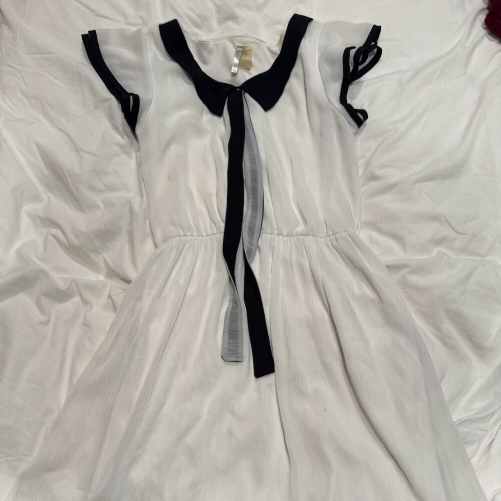 Contempo Casuals Black & White Chiffon Dress Ribbon Tie Collar Size Small